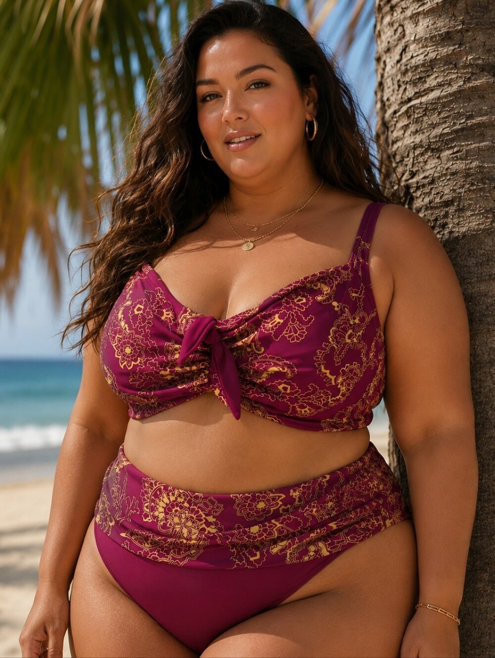 Panache Burgundy and Gold Floral Tie-Front Bikini Set